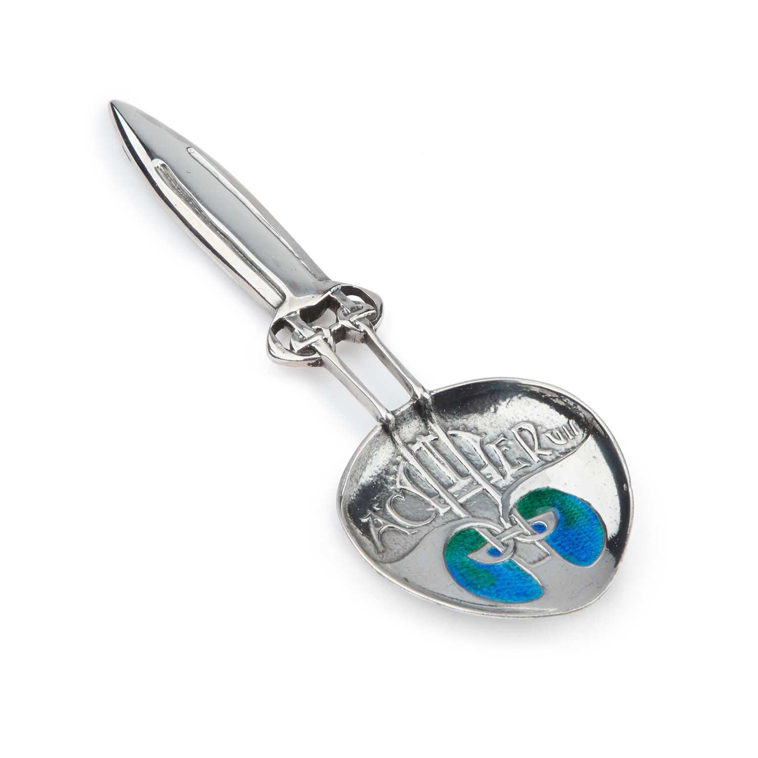 ARCHIBALD KNOX (1864-1933) FOR LIBERTY & CO, A CYMRIC SILVER AND ENAMEL CORONATION SPOON