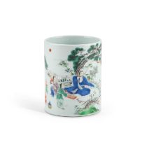 A CHINESE FAMILLE VERTE INSCRIBED BRUSH POT