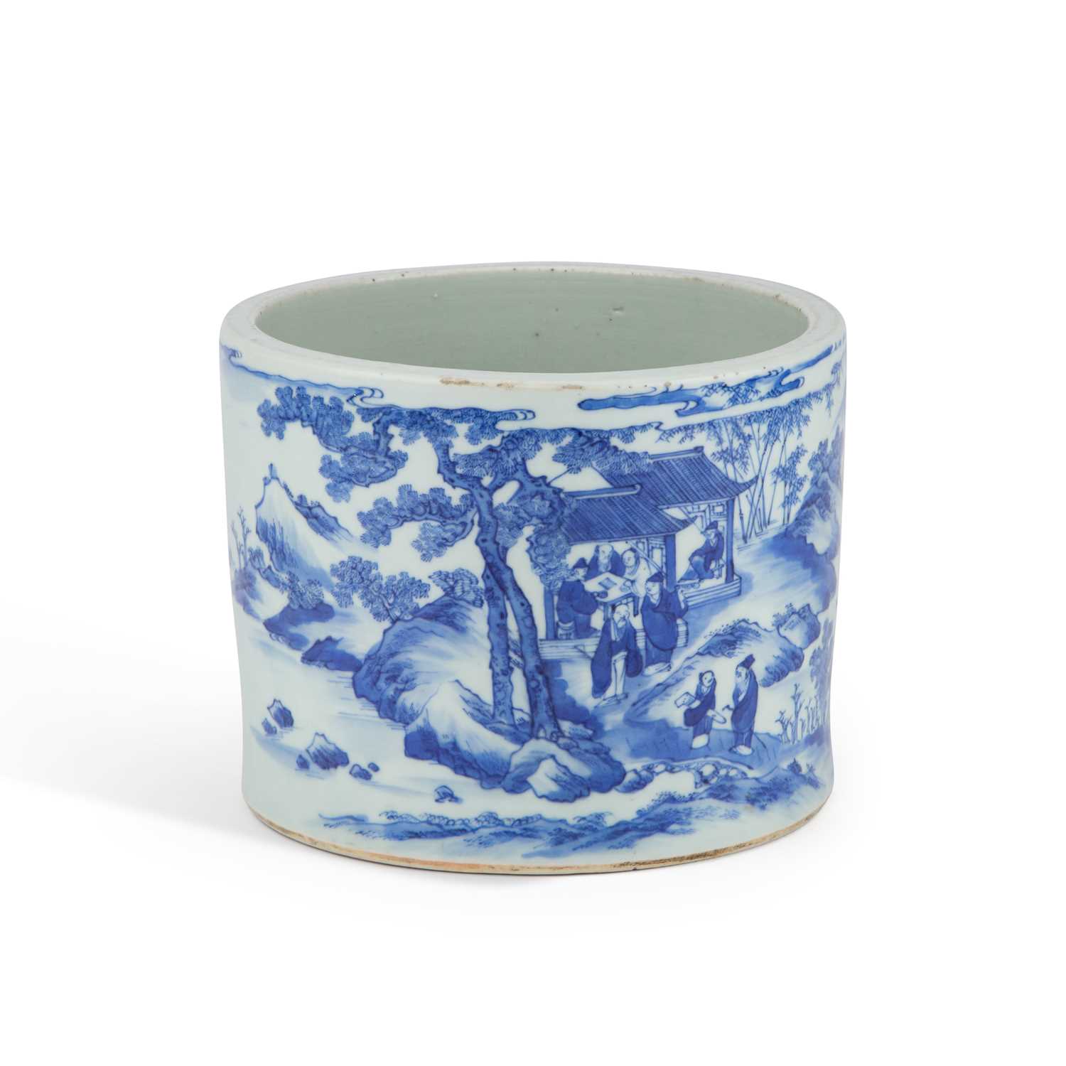 A CHINESE BLUE AND WHITE 'LANDSCAPE' BRUSH POT, BITONG