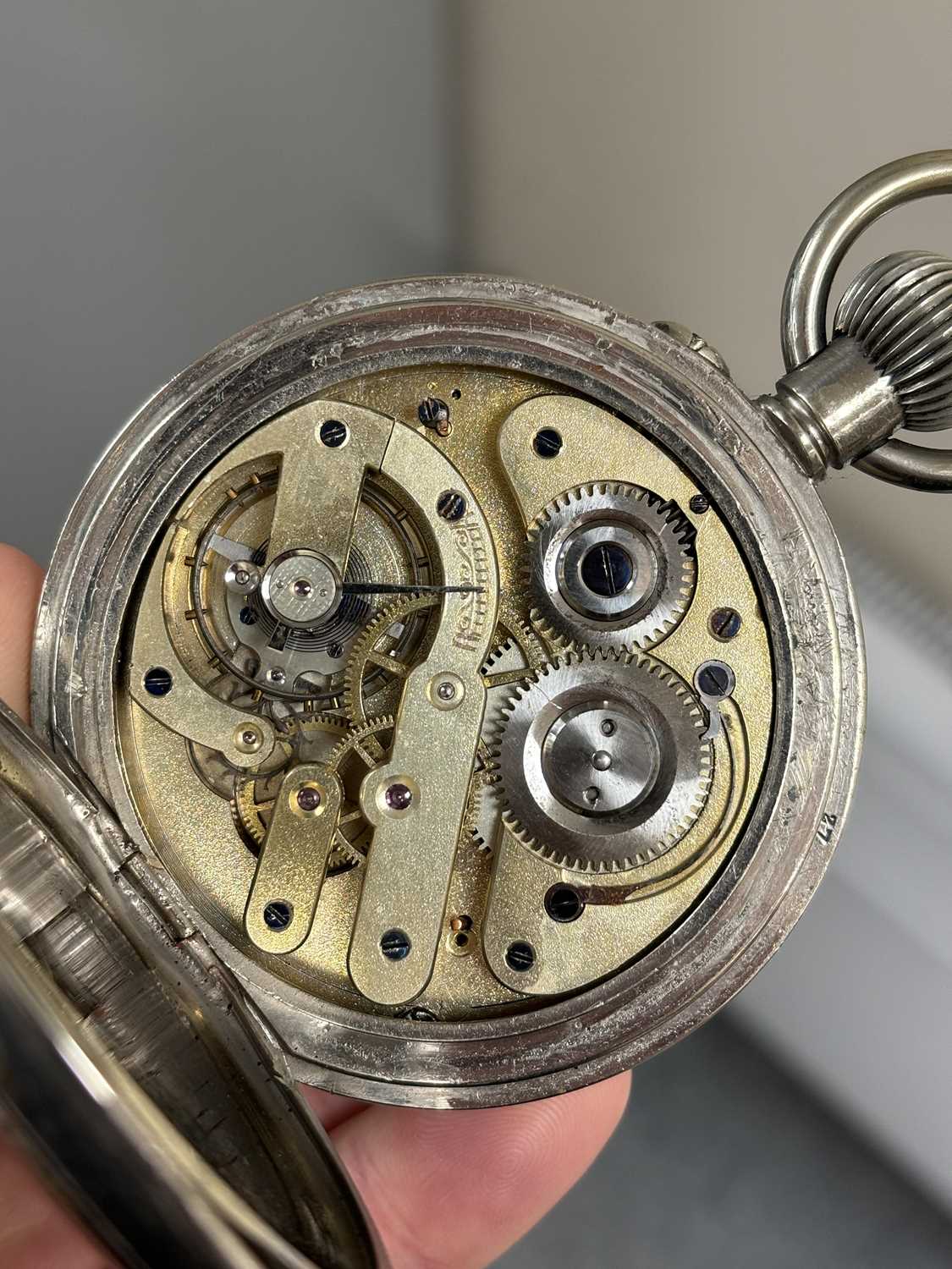 A VICTORIAN SILVER-MOUNTED GOLIATH POCKET WATCH CASE AND A SILVER-PLATED POCKET WATCH - Image 5 of 5
