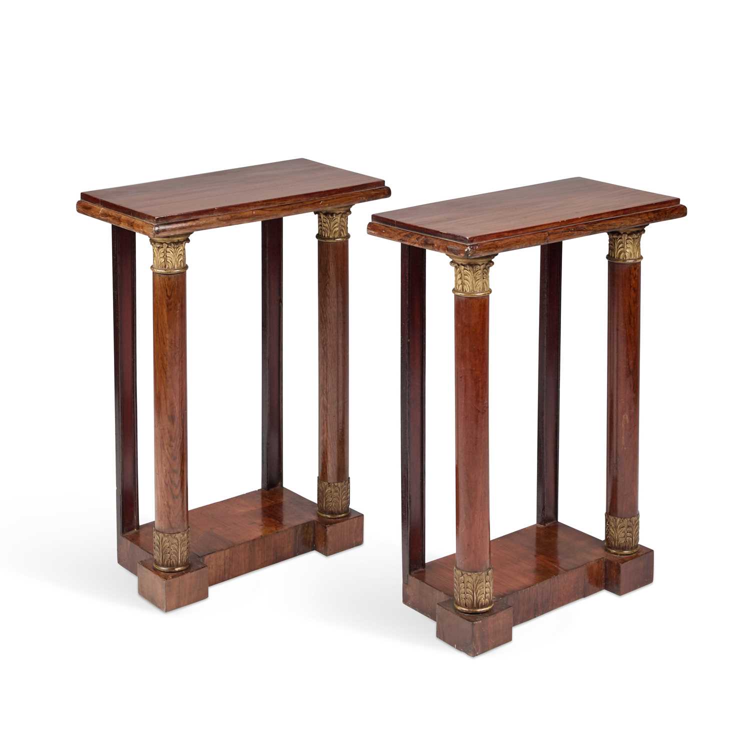 A PAIR OF CONTINENTAL PARCEL-GILT ROSEWOOD PIER TABLES