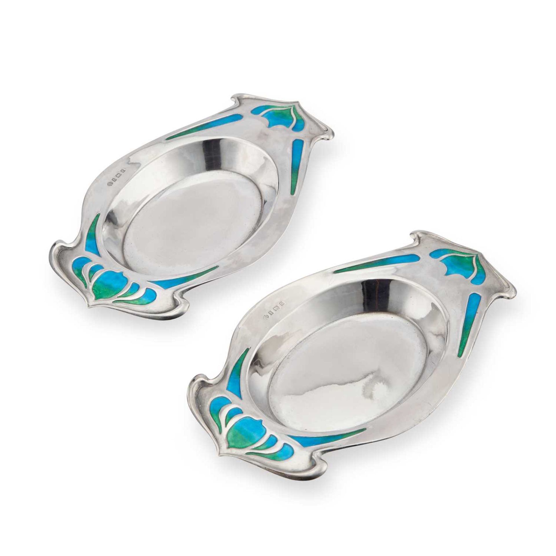 KATE HARRIS: A FINE PAIR OF ARTS AND CRAFTS SILVER AND ENAMEL DISHES