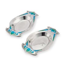 KATE HARRIS: A FINE PAIR OF ARTS AND CRAFTS SILVER AND ENAMEL DISHES