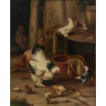 ATTRIBUTED TO EDGAR HUNT(1876-1953) CHICKENS, CHICKS AND PIGEONS IN A BARN