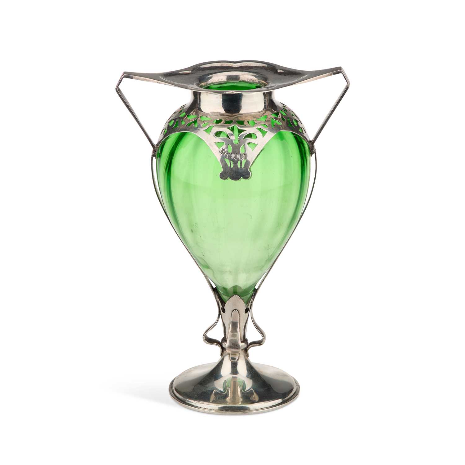 AN EDWARDIAN SILVER-MOUNTED GREEN GLASS VASE