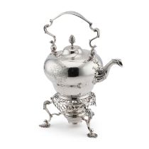 AN EARLY GEORGE III SILVER KETTLE, STAND AND BURNER