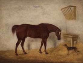 W.D. WILLIAMS (19TH CENTURY) HORSE AND DOG IN A STABLE, CHELTENHAM