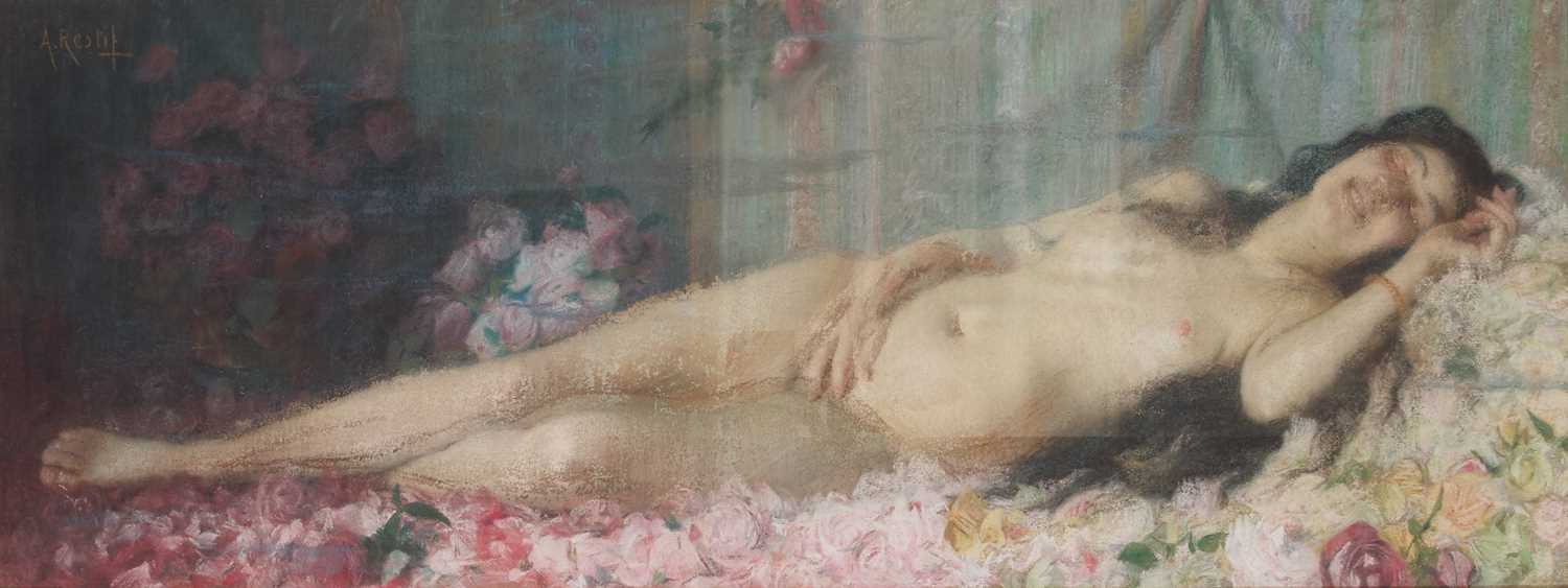 A. RESTIF (FRENCH LATE 19TH CENTURY) A NUDE ON A BED OF FLOWERS