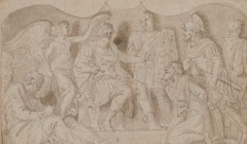 17TH/ 18TH CENTURY ITALIAN SCHOOL OLD MASTER DRAWING WITH AN EMPEROR AND CAPTIVES