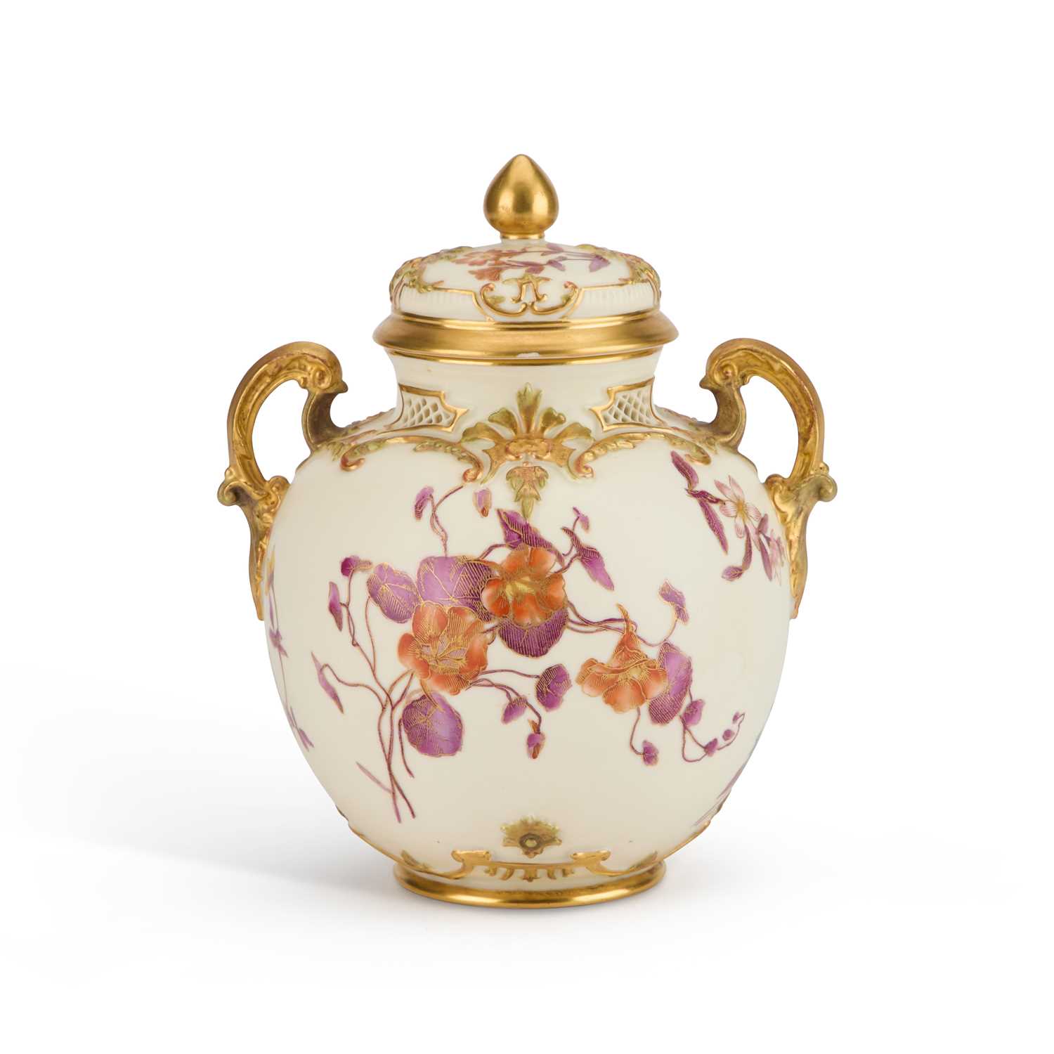 A ROYAL WORCESTER BLUSH IVORY TWO-HANDLED VASE AND COVER, DATED 1890