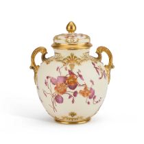 A ROYAL WORCESTER BLUSH IVORY TWO-HANDLED VASE AND COVER, DATED 1890