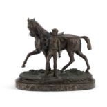 AFTER PIERRE JULES MÈNE (FRENCH, 1810-1879), 'VAINQUEUR', A PATINATED BRONZE EQUESTRIAN GROUP