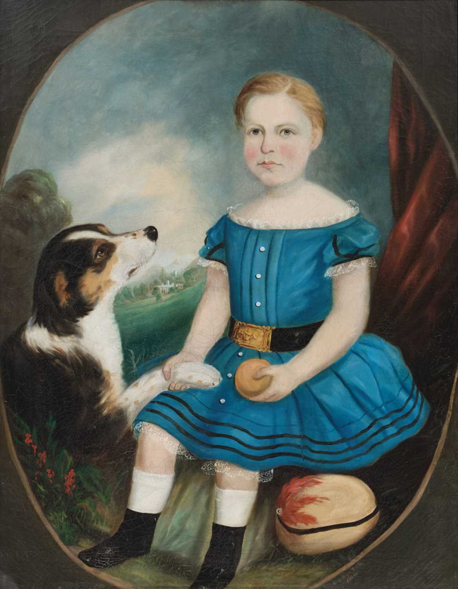 19TH CENTURY NAIVE SCHOOL PORTRAIT OF A GIRL AND HER DOG