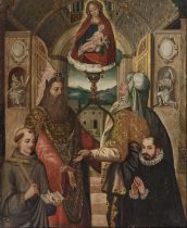 16TH/ 17TH CENTURY FLEMISH SCHOOL MADONNA AND SAINTS, A DONOR PICTURE