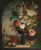 19TH CENTURY FRENCH SCHOOL STILL LIFE OF FLOWERS IN AN URN IN CLASSICAL LANDSCAPE