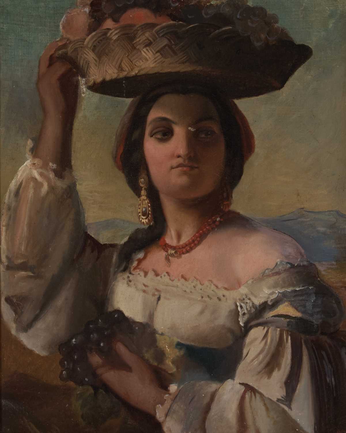 LATE 19TH CENTURY PORTUGUESE SCHOOL PORTRAIT OF A LADY WITH A BASKET OF FRUIT