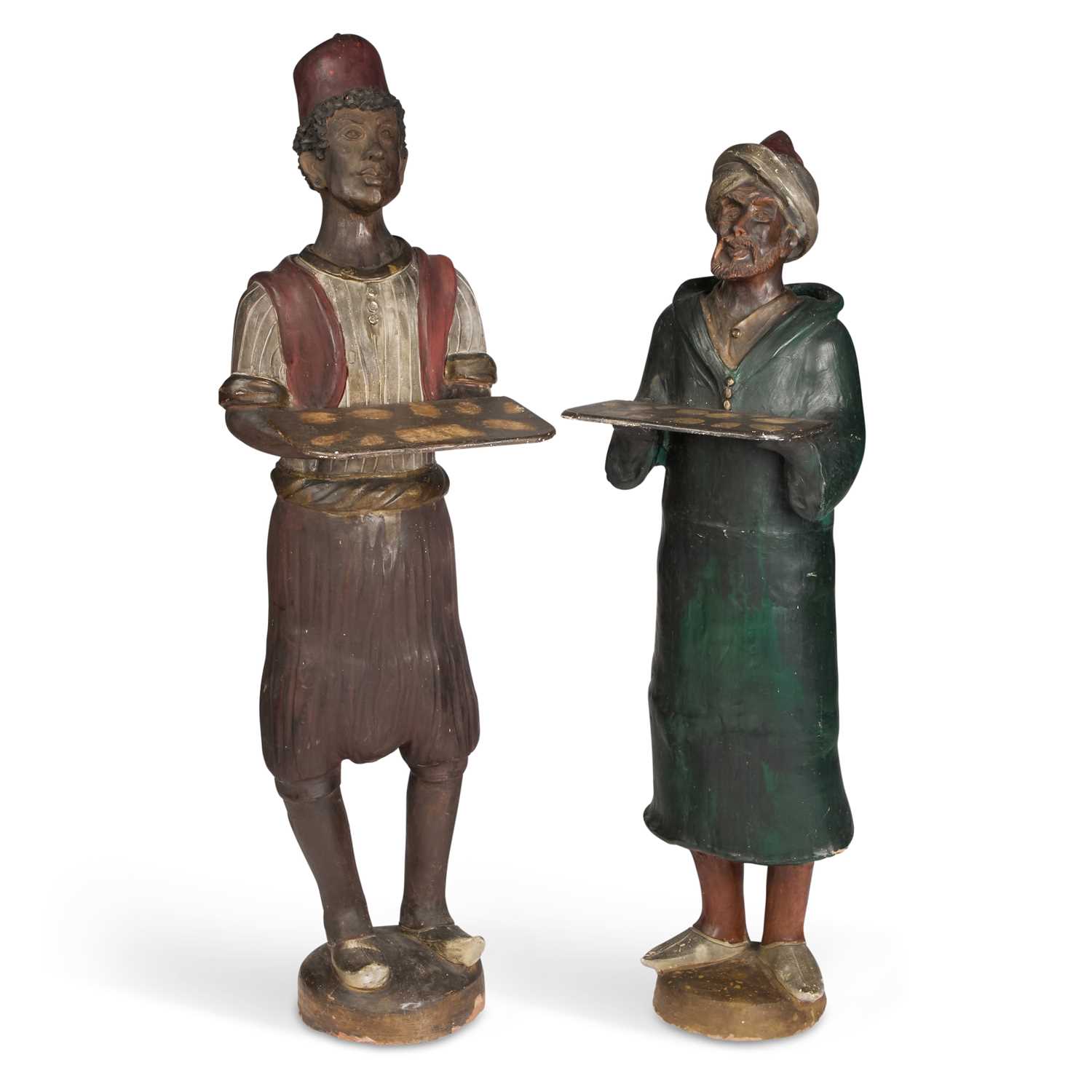 A VERY LARGE PAIR OF GOLDSCHEIDER STYLE PAINTED TERRACOTTA FIGURES