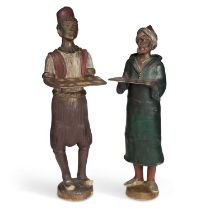 A VERY LARGE PAIR OF GOLDSCHEIDER STYLE PAINTED TERRACOTTA FIGURES