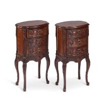 A PAIR OF LOUIS XV STYLE WALNUT THREE-DRAWER SIDE TABLES