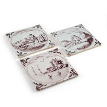 THREE 18TH CENTURY ENGLISH MANGANESE DELFT TILES, PROBABLY LIVERPOOL