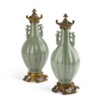 A PAIR OF ORMOLU-MOUNTED CHINESE CELADON VASES