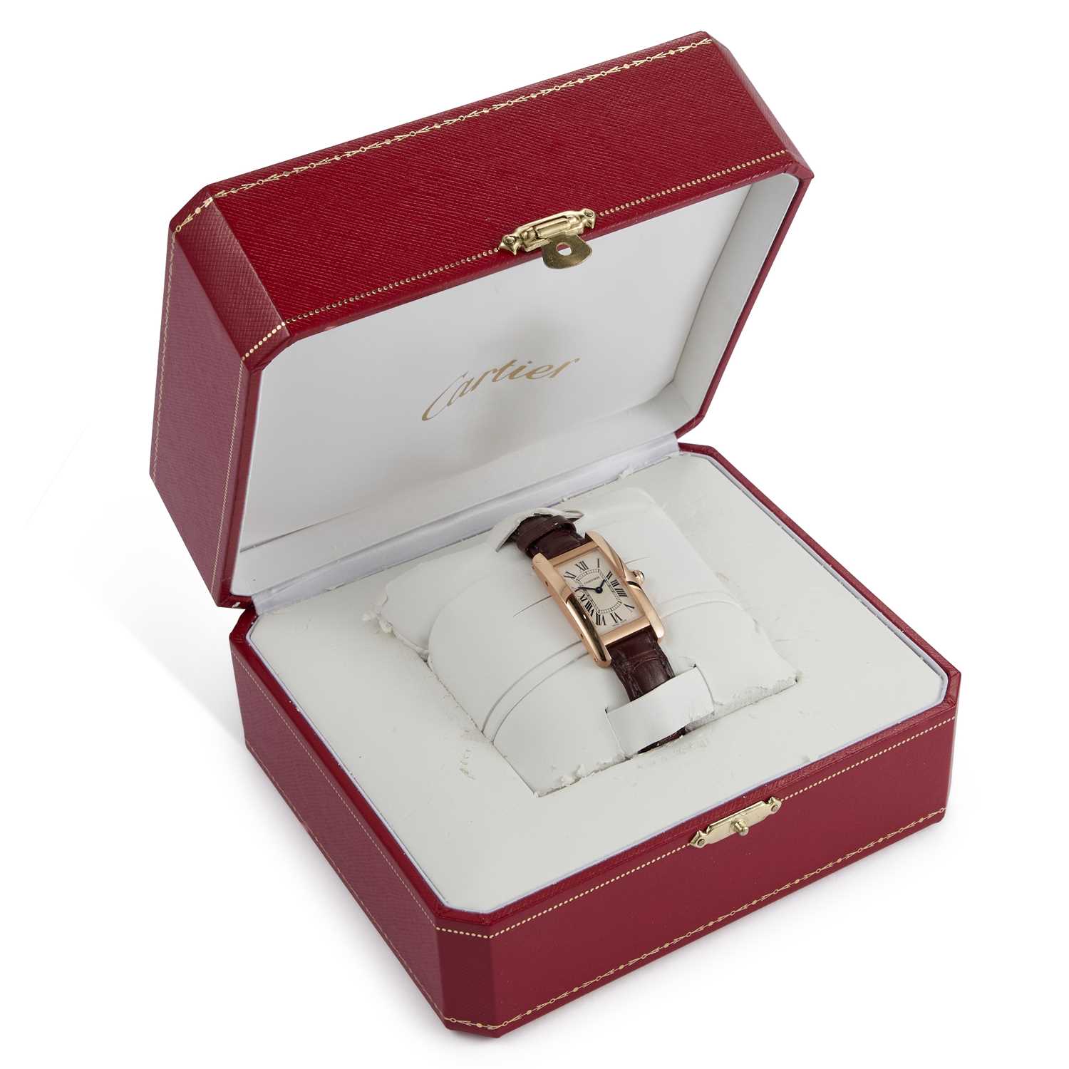 A LADY'S 18CT ROSE GOLD CARTIER TANK AMERICAINE STRAP WATCH