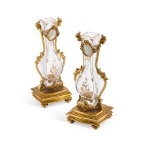 A FINE PAIR OF 19TH CENTURY GILT-BRONZE AND GLASS VASES