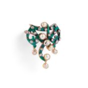 A SEED PEARL, DIAMOND AND ENAMEL BROOCH