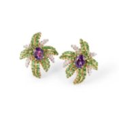 A PAIR OF TSAVORITE, DIAMOND AND AMETHYST EARRINGS
