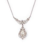 A NATURAL PEARL AND DIAMOND NECKLACE
