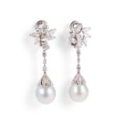 A PAIR OF DIAMOND AND PEARL DROP EARRINGS