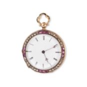 AN ANTIQUE RUBY, DIAMOND, ENAMEL AND GOLD POCKET WATCH