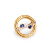 A SAPPHIRE, CULTURED PEARL AND DIAMOND BROOCH
