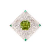 A PERIDOT DIAMOND AND EMERALD BROOCH
