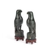 A PAIR OF CHINESE SPINACH GREEN JADE MODELS OF BIRDS