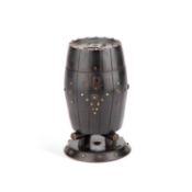 A MID-19TH CENTURY TREEN BARREL-FORM TOBACCO BOX