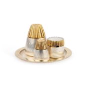 AN ELIZABETH II PARCEL-GILT SILVER CONDIMENT SET ON TRAY