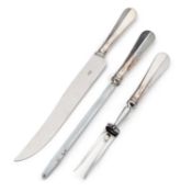 AN ELIZABETH II SILVER-HANDLED THREE-PIECE RAT-TAIL CARVING SET