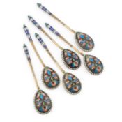 A SET OF SIX RUSSIAN SILVER-GILT AND ENAMEL SPOONS