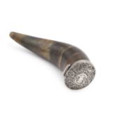 A SILVER-MOUNTED HORN SNUFF MULL, PROBABLY SCOTTISH, 18TH/ 19TH CENTURY