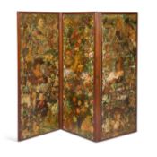 A VICTORIAN MAHOGANY THREE-PANEL SCRAP SCREEN