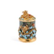 A CHINESE SILVER-GILT, ENAMEL AND NEPHRITE TEA CADDY