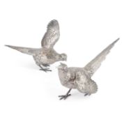 A FINE PAIR OF ELIZABETH II CAST SILVER MODELS OF PHEASANTS