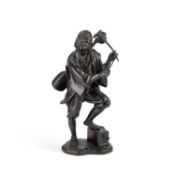 A JAPANESE BRONZE FIGURE OF A TRAVELLING MUSICIAN