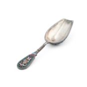 A LATE 19TH CENTURY SILVER AND ENAMEL SUGAR SPOON