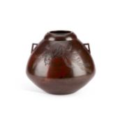 A JAPANESE PATINATED BRONZE GLOBULAR IKEBANA VASE WITH SILVER INLAY