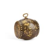A JAPANESE DRUM-SHAPED INLAID BRONZE TEBAKO, EDO PERIOD - MEIJI PERIOD