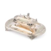 A 19TH CENTURY EGYPTIAN REVIVAL SILVER-PLATED INKSTAND
