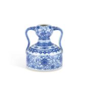 A CHINESE BLUE AND WHITE DOUBLE-GOURD AND 'RUYI' HANDLED LOTUS FLASK