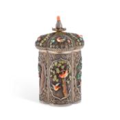 A CHINESE SILVER-GILT, FILIGREE AND ENAMEL TEA CADDY